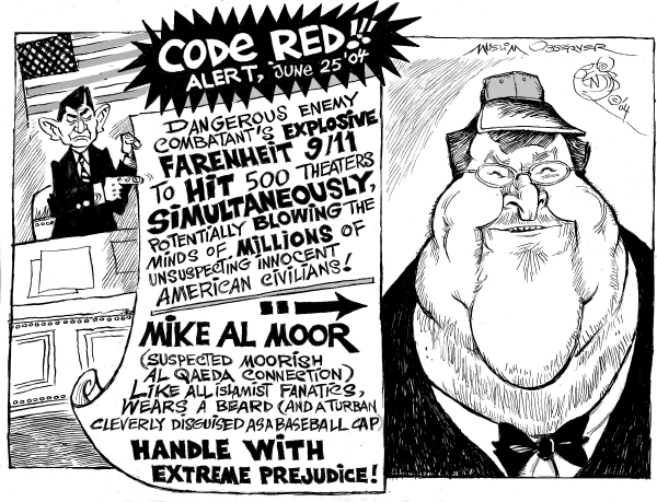 Michael Moore and Fahrenheit 9/11, cartoon. Associated Press reports: